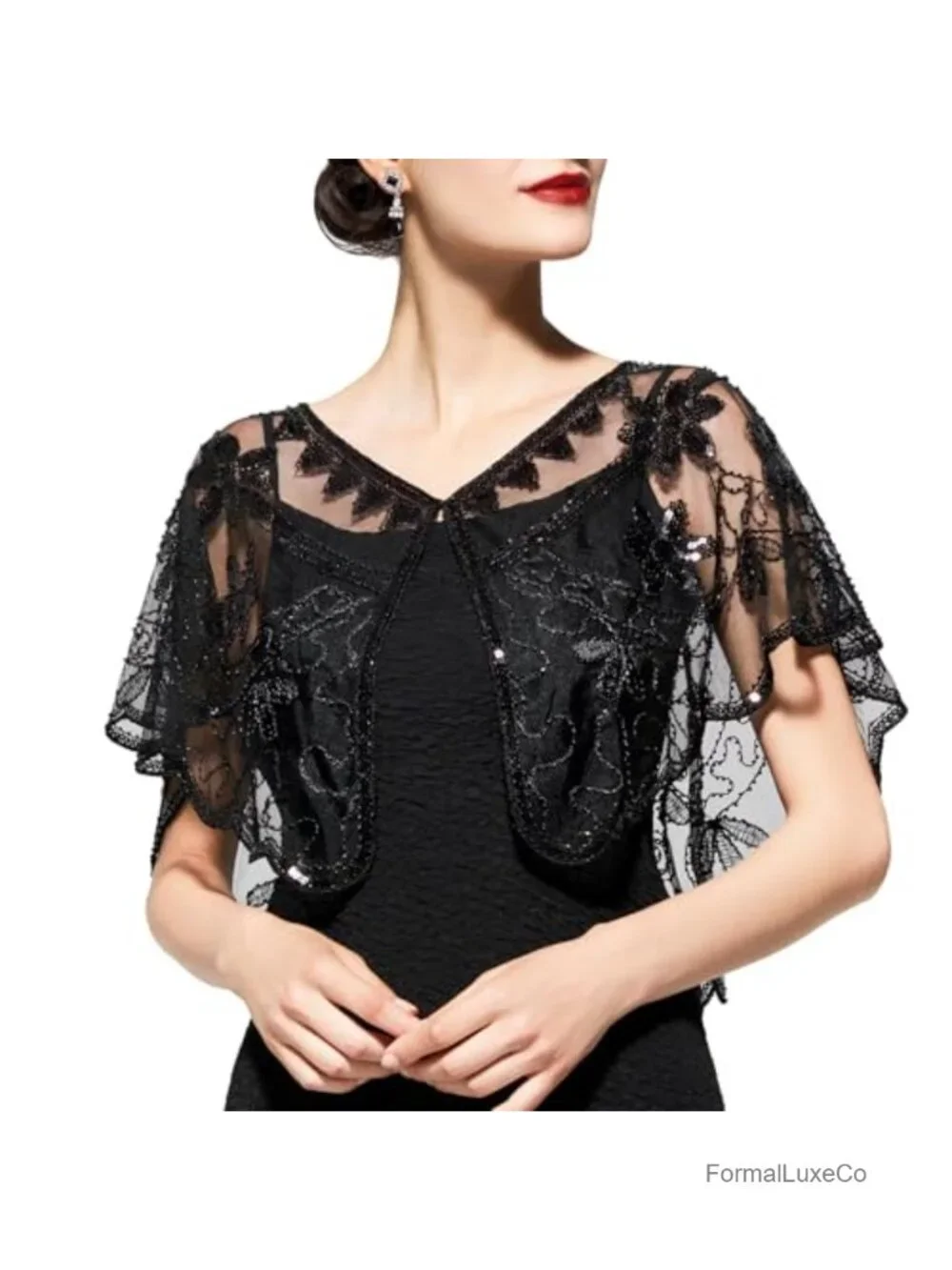 1920s Sequin Flapper Shawl Wrap Sheer Evening Cape Gatsby Party